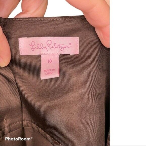 Lilly Pulitzer Brown 100% Silk Ruffle Top Size 10 - Picture 3 of 5